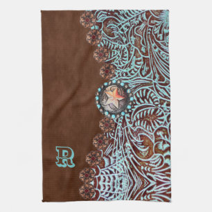 Linge De Cuisine monogramme de motif de l'ouest turquoise brun