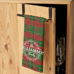 Linge De Cuisine Monogramme de Noël rouge vert or Plaid Tartan