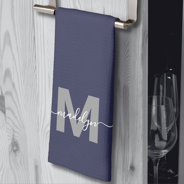 Linge De Cuisine Monogramme de nom bleu marine (Navy Blue Name Monogram kitchen towel )