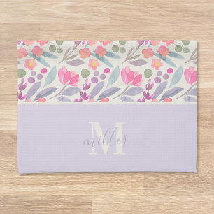 Linge De Cuisine Monogramme de nom de famille floral violet aquarel