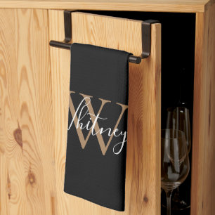 Linge De Cuisine  Monogramme de nom de script Or Noir  