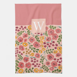 Linge De Cuisine Monogramme de nom rose floral peint à la main