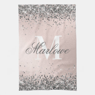 Linge De Cuisine Monogramme de Parties scintillant rose et argenté