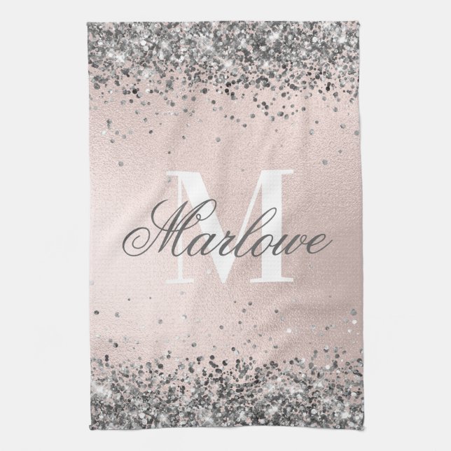 Linge De Cuisine Monogramme de Parties scintillant rose et argenté (Vertical)
