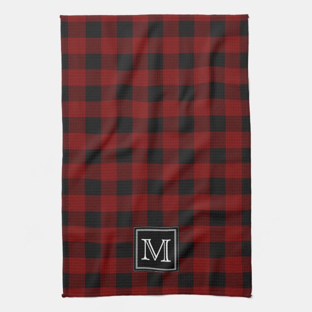 Linge De Cuisine Monogramme de plaid rustique de Buffalo rouge et n (Vertical)