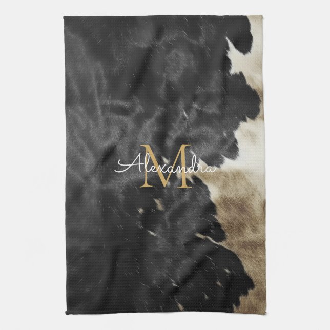 Linge De Cuisine Monogramme de vache cow-boy en or noir (Vertical)