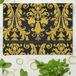 Linge De Cuisine Monogramme d'or noir Nom personnalisé Floral Damas