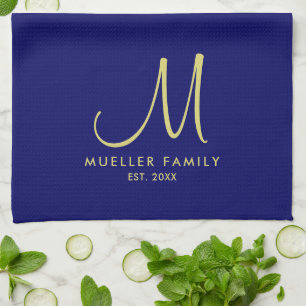 Linge De Cuisine Monogramme d'or Nom de famille Marine bleu couleur