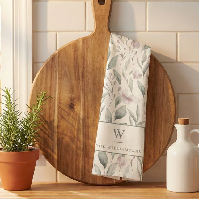Linge De Cuisine Monogramme élégant à l'aquarelle de feuilles de eu (Créateur téléchargé)