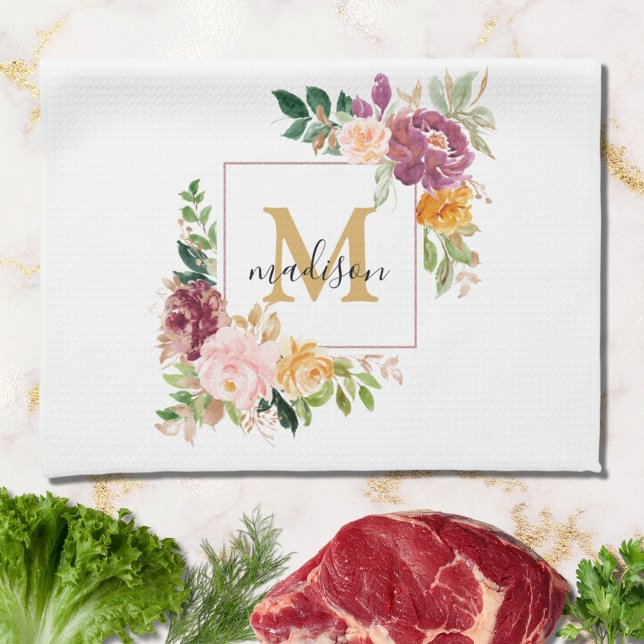 Linge De Cuisine Monogramme Elegant Aquarelle Rose Floral Botanique (In situ)