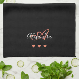 Linge De Cuisine Monogramme élégant de nom de script rose noir