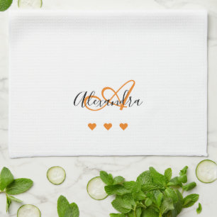 Linge De Cuisine Monogramme élégant en écriture Saffron blanc