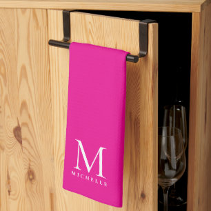 Linge De Cuisine Monogramme élégant rose chaud et blanc personnalis