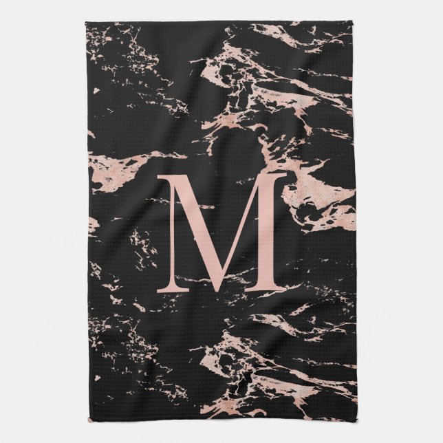 Linge De Cuisine Monogramme en marbre noir chic Rose Gold Foil (Vertical)