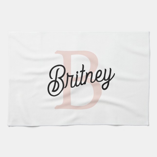 Linge De Cuisine Monogramme et nom personnalisé moderne Pastel Pink (Horizontal)