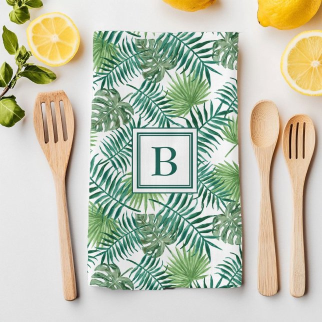 Linge De Cuisine Monogramme Feuille  de palme tropical Motif (Tropical Palm Leaves Botanical Pattern Monogram Kitchen Towel)