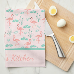 Linge De Cuisine Monogramme Flamants roses roses Green Palm Feuille