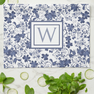 Linge De Cuisine Monogramme floral bleu et gris