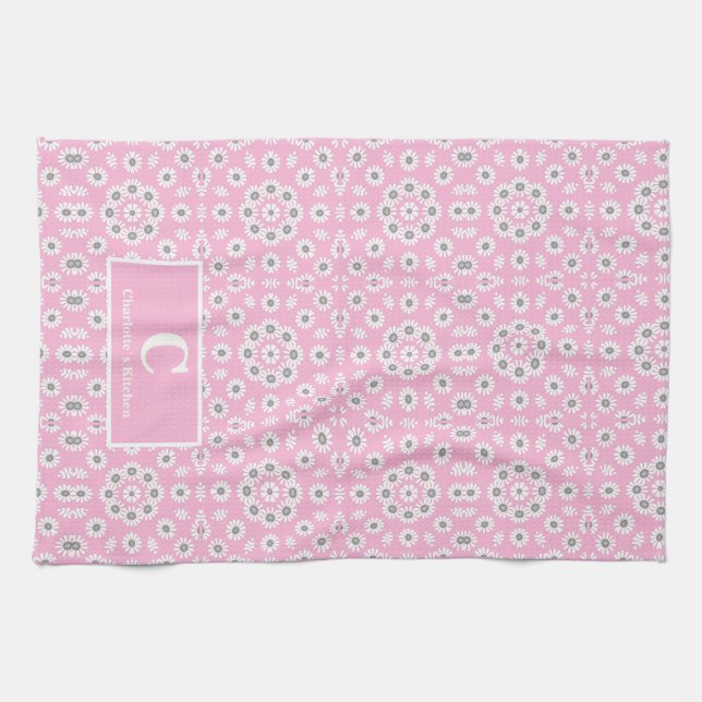 Linge De Cuisine Monogramme floral rose (Horizontal)