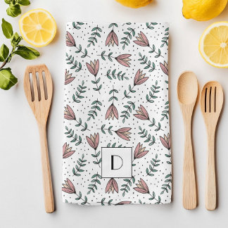 Linge De Cuisine Monogramme floral rose élégant