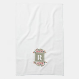 Linge De Cuisine Monogramme floral sauge vert et blanc élégant