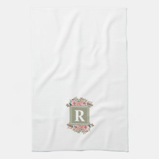 Linge De Cuisine Monogramme floral sauge vert et blanc élégant