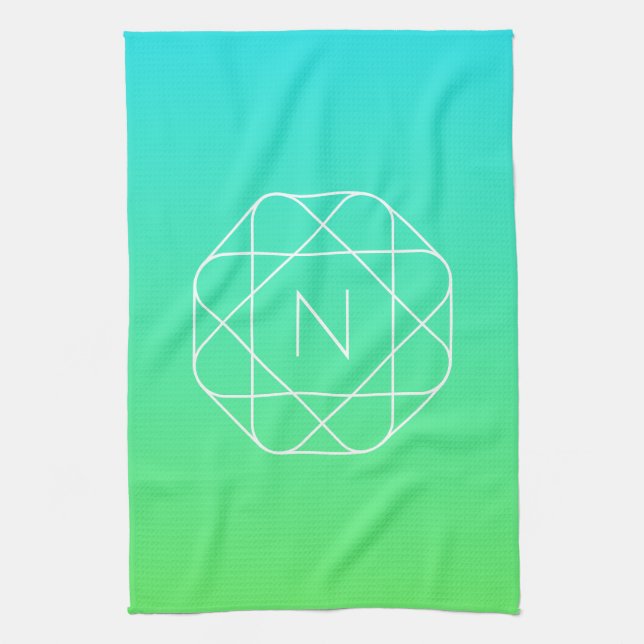 Linge De Cuisine Monogramme géométrique cool | Ombre Vert bleu et c (Vertical)