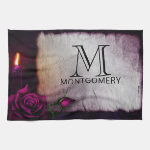 Linge De Cuisine Monogramme gothique Rose, bougie et parchemin