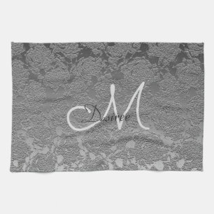 Linge De Cuisine Monogramme Gris Argent Floral Moderne Classé