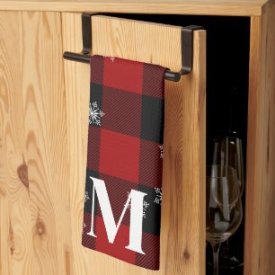 Linge De Cuisine Monogramme Initial à Plaid Rouge et Flocons d'Hive