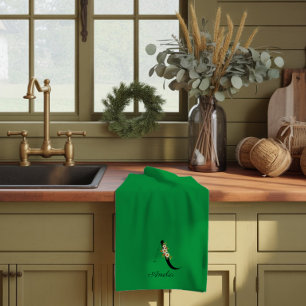 Linge De Cuisine Monogramme initial botanique à l'aquarelle vert