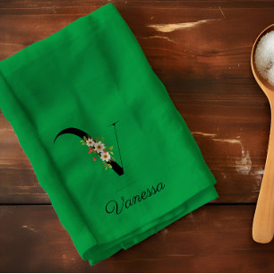 Linge De Cuisine Monogramme initial botanique à l'aquarelle verte