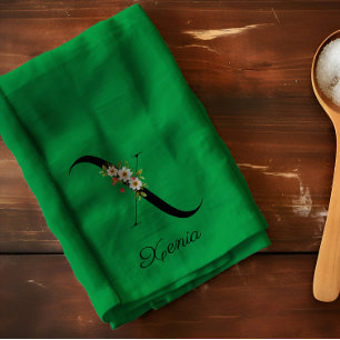 Linge De Cuisine Monogramme initial botanique à l'aquarelle verte