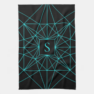 Linge De Cuisine Monogramme initial   Design géométrique turquoise