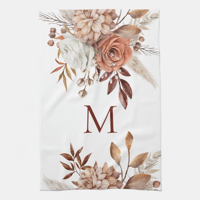 Linge De Cuisine Monogramme initial en terre cuite Florales Pampas (Vertical)