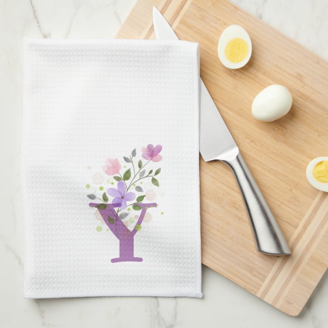 Linge De Cuisine Monogramme Initial Plus Dessin Floral (Quart Plié)
