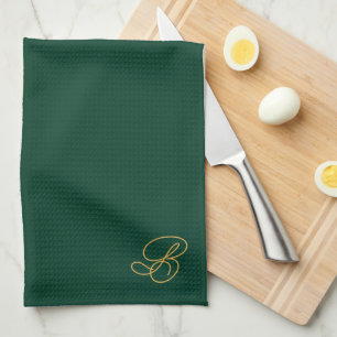 Linge De Cuisine Monogramme initiale vert et or brodé