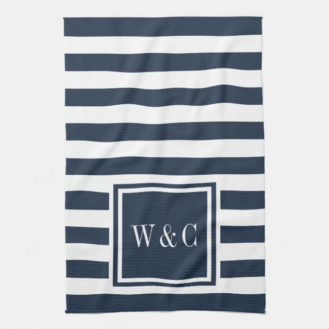 Linge De Cuisine Monogramme Marine Bleu Blancs Personnalisé (Vertical)