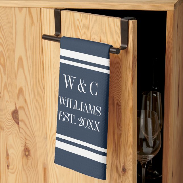 Linge De Cuisine Monogramme Marine Bleu Bleu Blancs Personnalisé (Pliage en tiers)