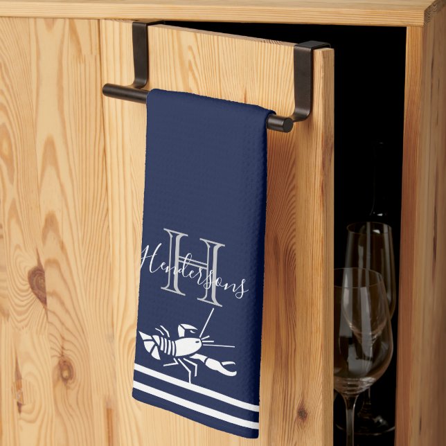 Linge De Cuisine Monogramme Marine Bleu Bleu Homard Nautique (Pliage en tiers)