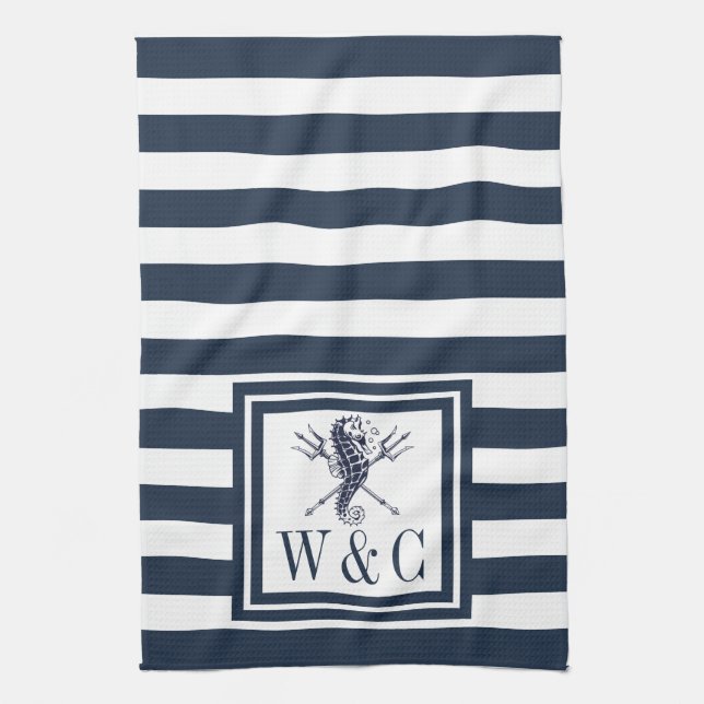 Linge De Cuisine Monogramme Marine Bleu Stripe de mer Nautique (Vertical)