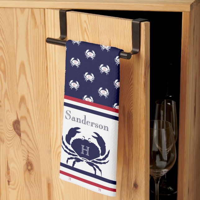 Linge De Cuisine Monogramme Marine Rouge Bleu Crabe Blanc Nautique (Pliage en tiers)