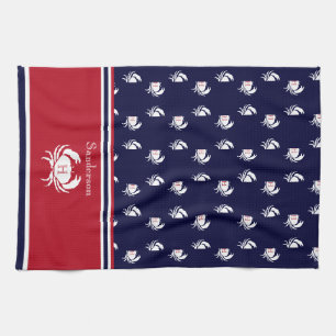 Linge De Cuisine Monogramme Marine Rouge Bleu Crabe Blanc Nautique