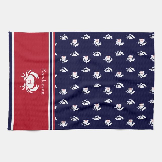 Linge De Cuisine Monogramme Marine Rouge Bleu Crabe Blanc Nautique (Horizontal)