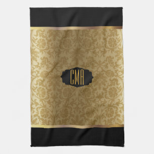 Linge De Cuisine Monogramme Métallurgique Or et Damas Floral