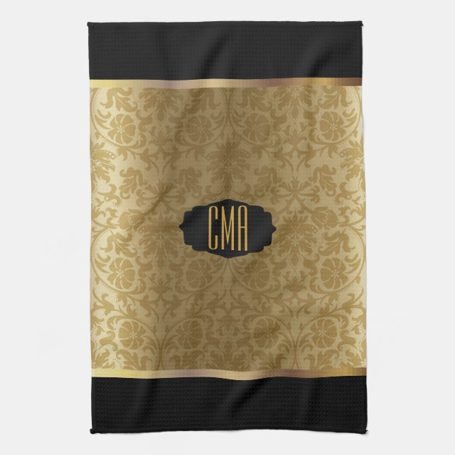 Linge De Cuisine Monogramme Métallurgique Or et Damas Floral (Vertical)