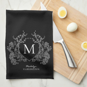 Linge De Cuisine Monogramme moderne de crête florale noire et blanc