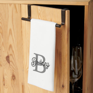 Linge De Cuisine Monogramme moderne élégant Nom noir Gris noir Scri