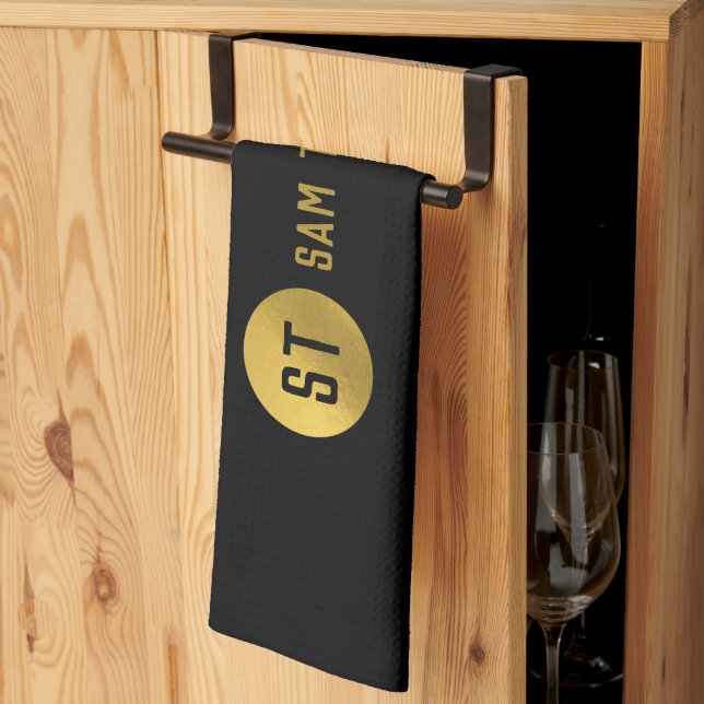 Linge De Cuisine Monogramme moderne noir & or élégant personnalisé (Pliage en tiers)