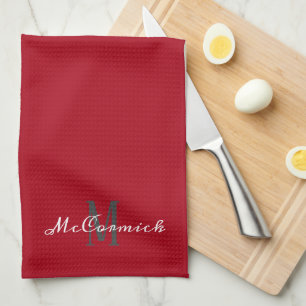 Linge De Cuisine Monogramme moderne rouge blanc Script personnalis
